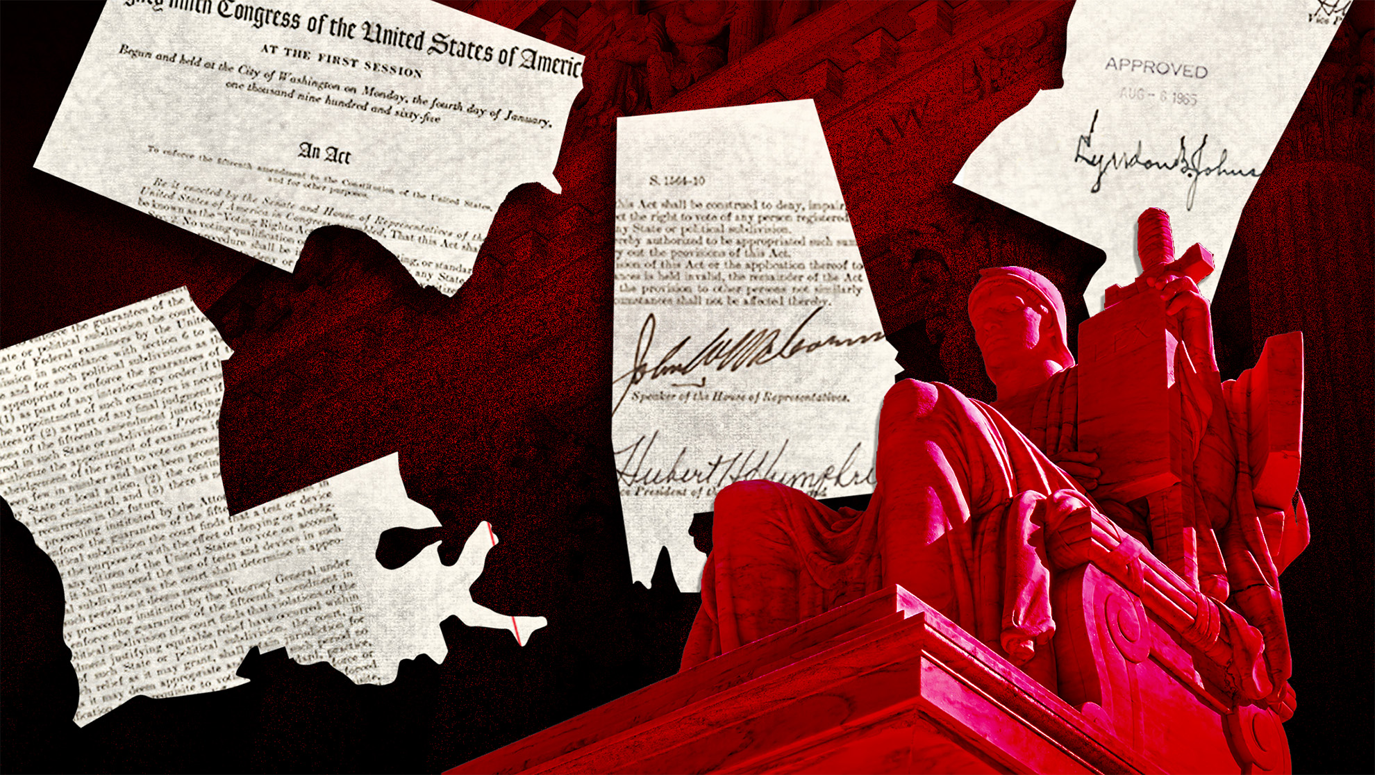Text of the Voting Rights Act, ripped into the shape of states challenging the law, float next to a Supreme Court statue in red.