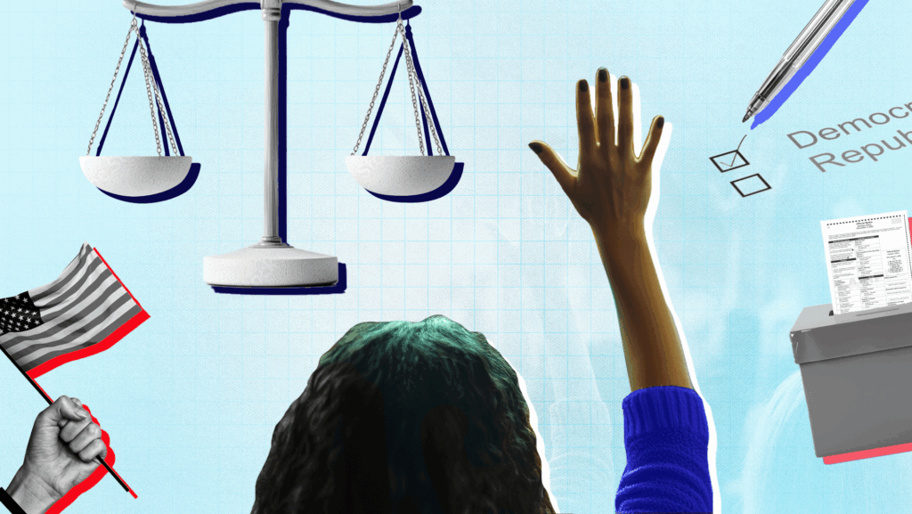 blue background with flag, voting, and scales of justice