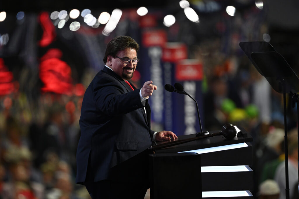 Chair of the Republican Party of Nevada Michael McDonald speaks on the first day of the Republican National Convention at the Fiserv Forum on July 15, 2024 in Milwaukee, Wisconsin.  (Photo by Leon Neal/Getty Images)