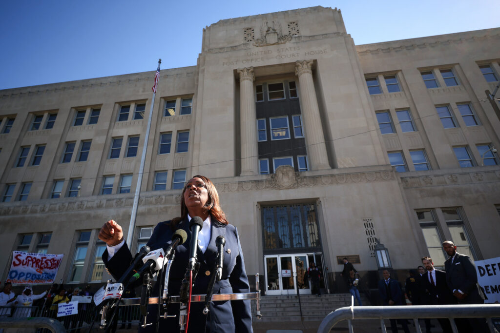 New York Attorney General Letitia James (D) speaking outside a federal courthouse in Virginia in October 2025. (Photo:Win McNamee/Getty Images)