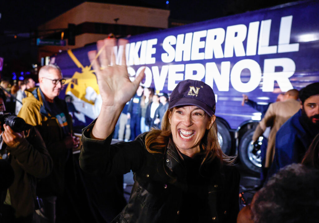 New Jersey governor-elect Mikie Sherrill (D), waves during a campaign event on November 3, 2025 in Montclair, New Jersey. (Photo by Kena Betancur/Getty Images)