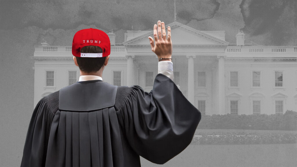 Judge with MAGA hat in front of White House