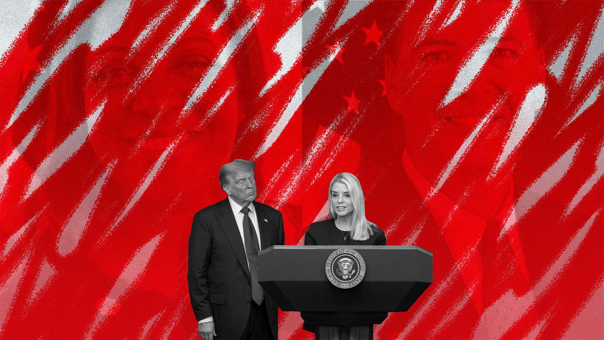 President Trump and Pam Bondi before pictures of New York Attorney General Letitia James (left) and former FBI Director James Comey (right).