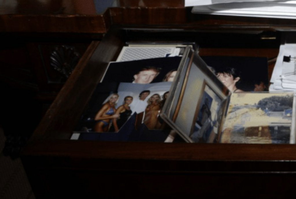 Photos of Donald Trump in a desk drawer from a entry originally included in the DOJ's initial Epstein files release.