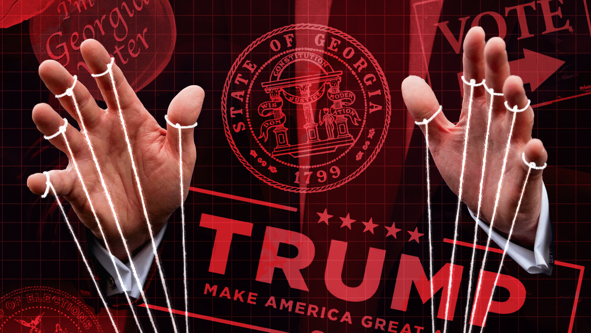 Red background with Trump hands pulling strings