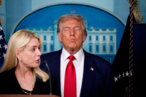 WASHINGTON, DC - AUGUST 11: U.S. Attorney General Pam Bondi (L) accompanied by U.S. President Donald Trump, speaks during a news conference in the James S. Brady Press Briefing Room of the White House August 11, 2025 in Washington, DC. (Photo by Andrew Harnik/Getty Images)