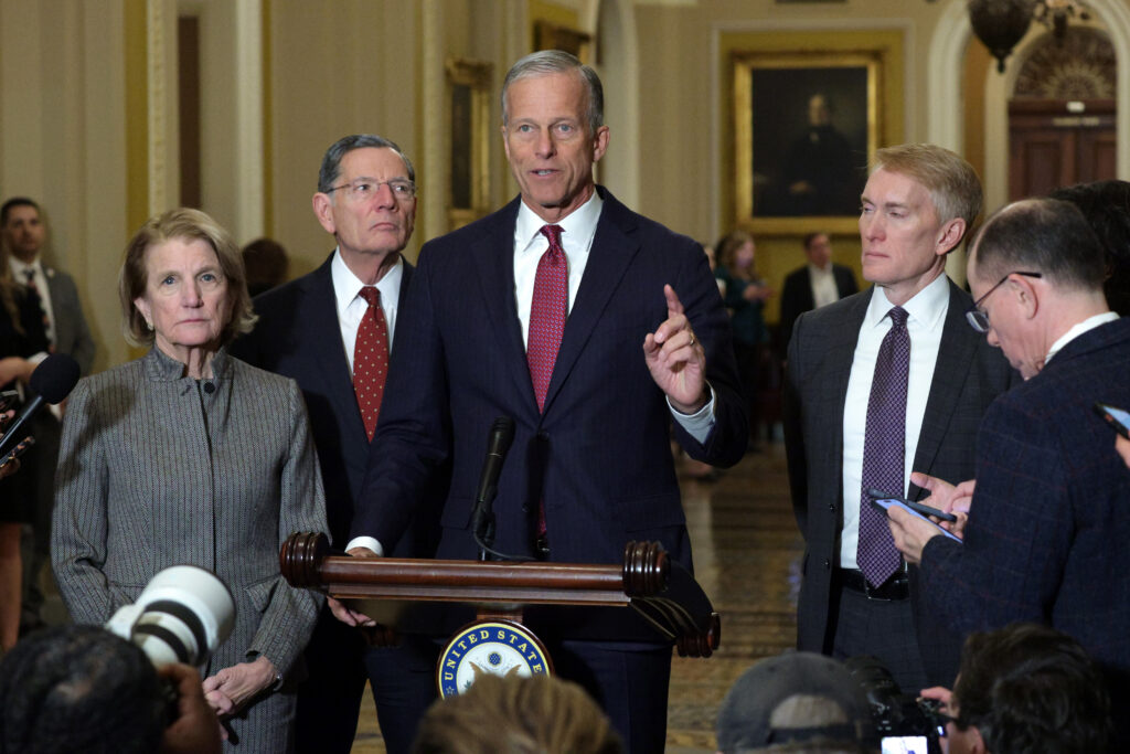 WASHINGTON, DC - JANUARY 28: U.S. Senate Majority Leader Sen. John Thune (R-SD) speaks as (L-R) Sen. Shelley Moore Capito (R-WV), Senate Majority Whip Sen. John Barrasso (R-WY), and Sen. James Lankford (R-OK) (L) listen during a news briefing after the weekly Senate Republican Policy Luncheon at the U.S. Capitol on January 28, 2026 in Washington, DC.  (Photo by Alex Wong/Getty Images)