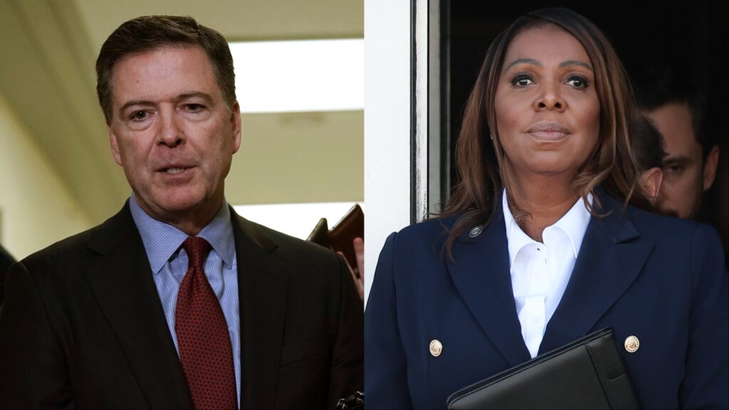 Left: Former FBI Director James Comey (Photo: Alex Wong/Getty Images); Right: New York Attorney General Letitia James (Photo: Win McNamee/Getty Images)