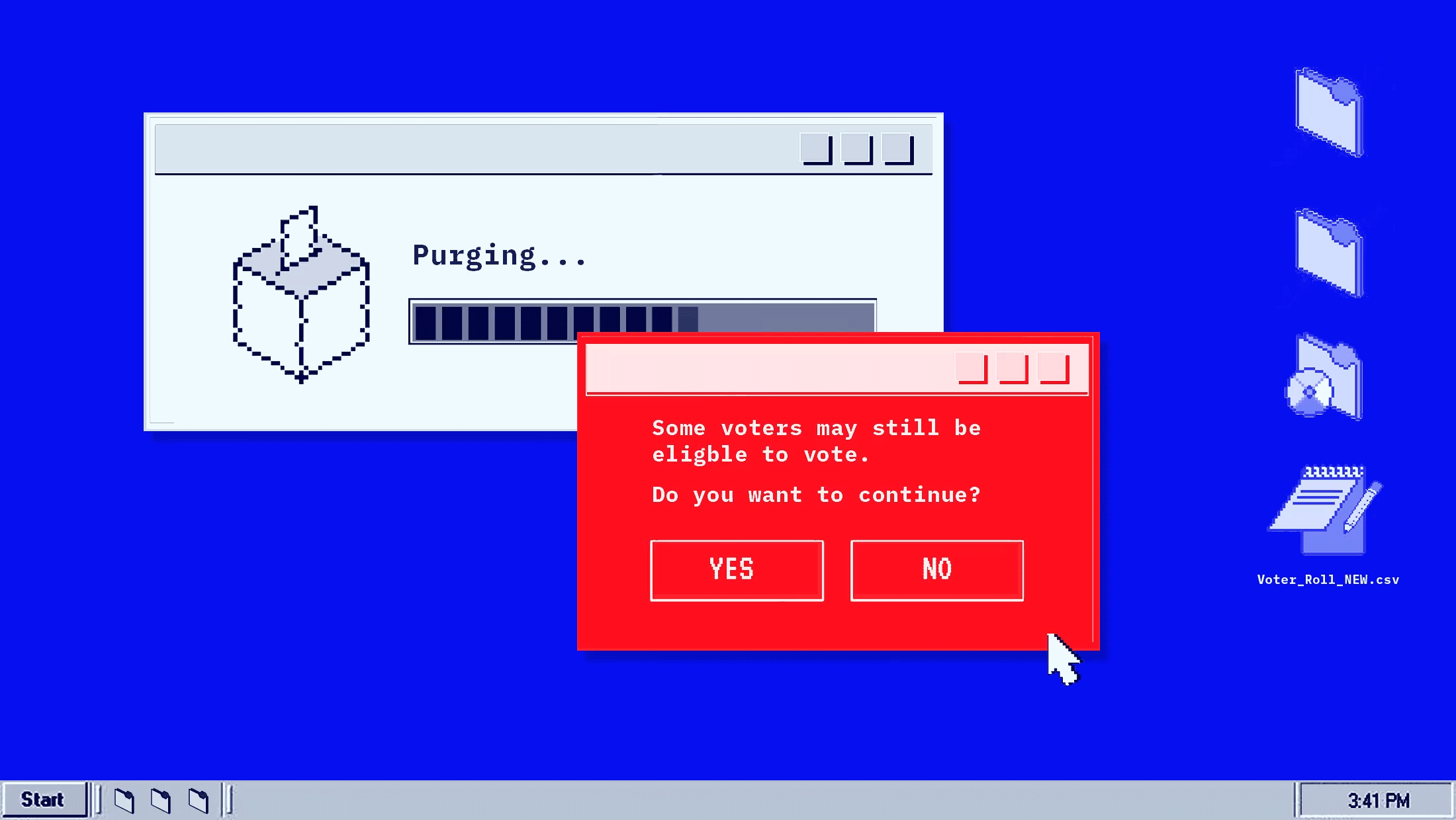 Voter roll purging with blue computer screen