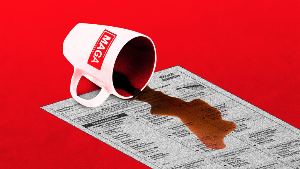 coffee spill over ballot, red background