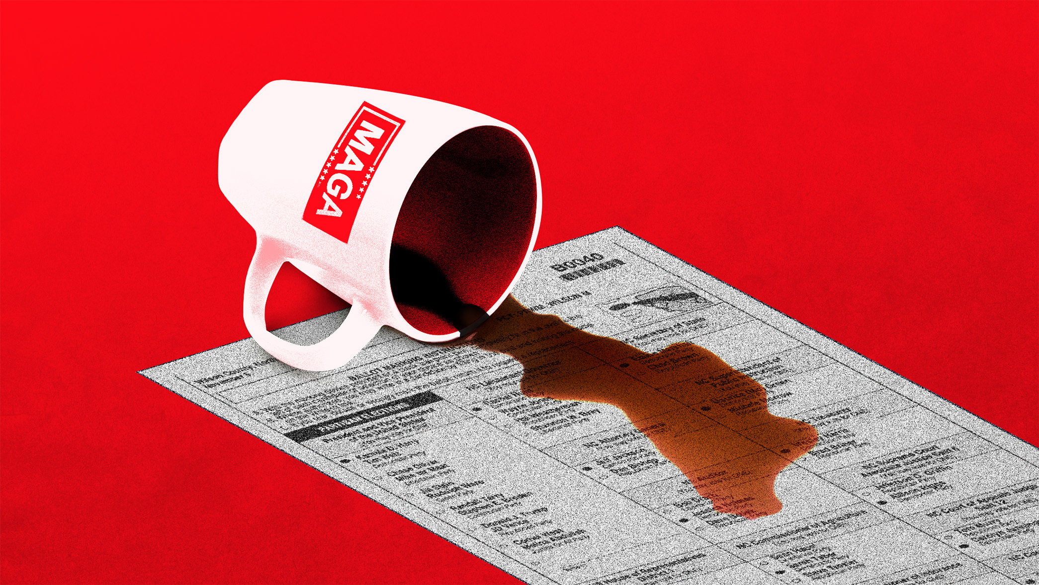 coffee spill over ballot, red background