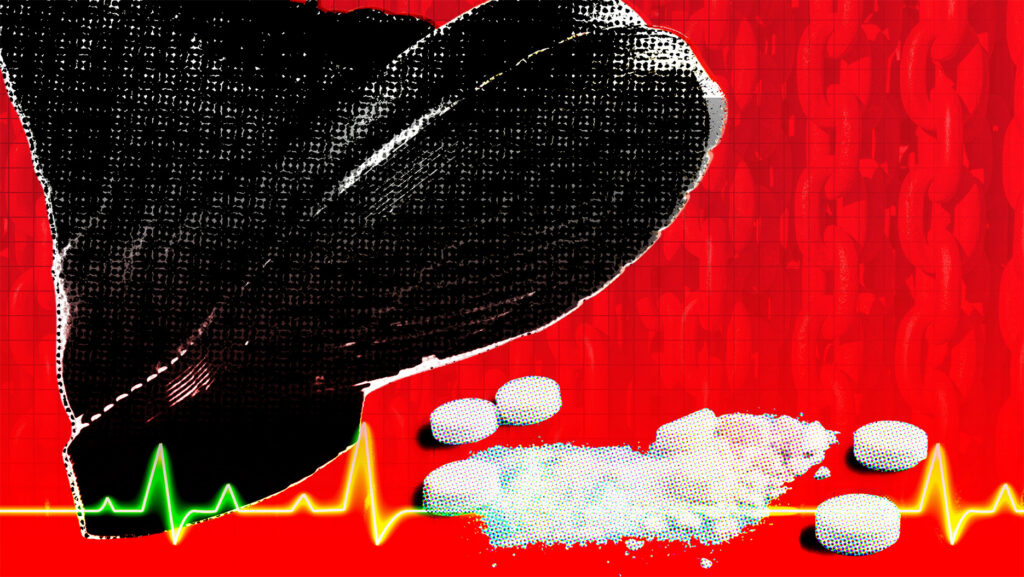 boot stomping on abortion pills with red background