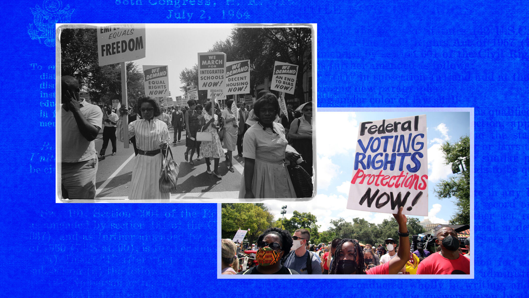 Blue background with voting rights marches