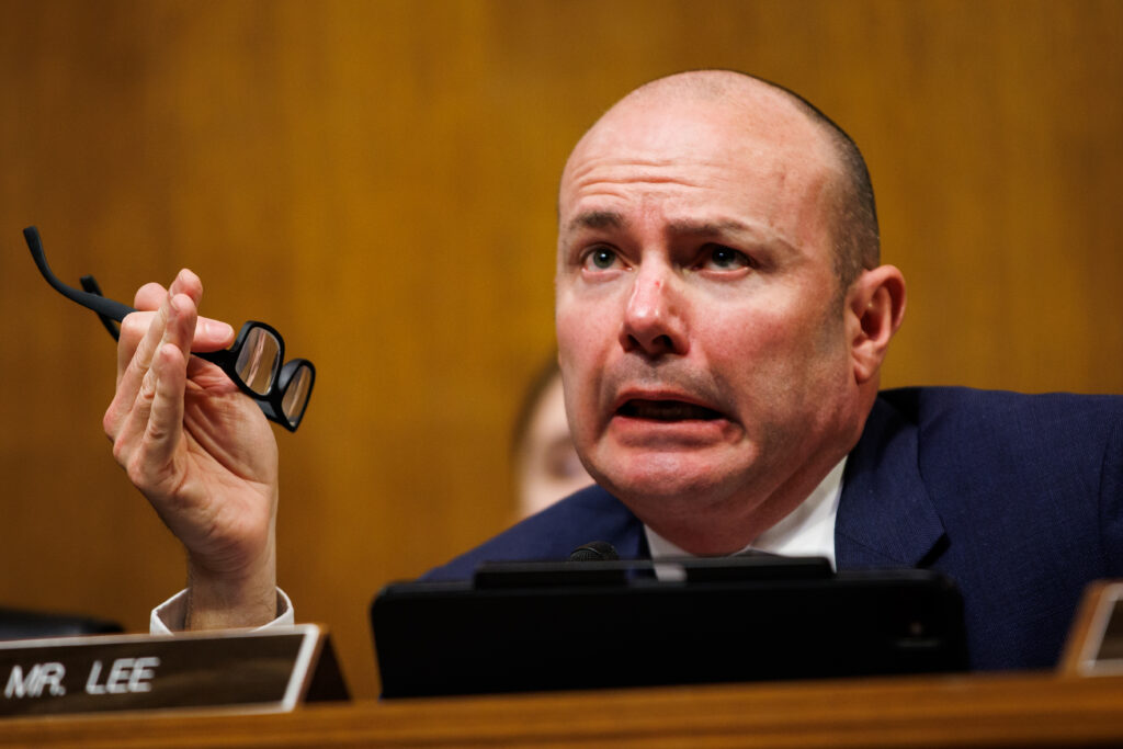 Sen Mike Lee (R-UT) speaking during a Senate Judiciary Committee Subcommittee on Antitrust, Competition Policy, and Consumer Rights hearing on February 3, 2026. (Photo by Samuel Corum/Sipa USA)(Sipa via AP Images)