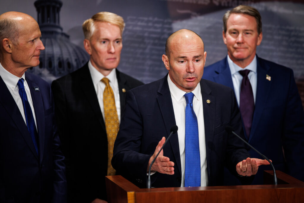 U.S. Senator Mike Lee (R-UT) speaks alongside (from left to right) Senators Rick Scott (R-FL), James Lankford (R-OK), and Jon Husted (R-OH) during a press conference on the SAVE America Act at the U.S. Capitol on March 19, 2026 in Washington, D.C. Senator Lee partnered with U.S. Rep. Chip Roy (R-TX) to introduce the SAVE America Act which adds a Voter ID requirement to the already controversial SAVE Act which requires proof of citizenship to register to vote. (Photo by Samuel Corum/Sipa USA)(Sipa via AP Images)