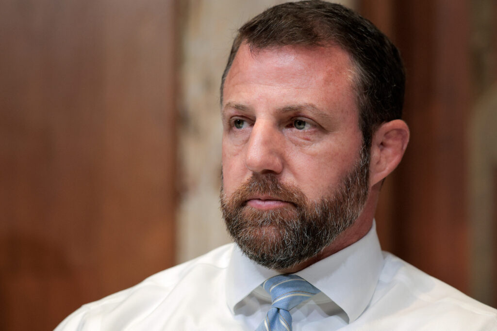 Sen. Markwayne Mullin (R-Okla.) in the Dirksen Senate Office Building on Capitol Hill on in April 2025 in Washington, D.C.