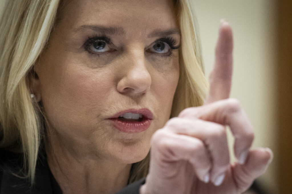 U.S. Attorney General Pam Bondi testifying before a House Judiciary Committee hearing in Washington, D.C., in February 2026.