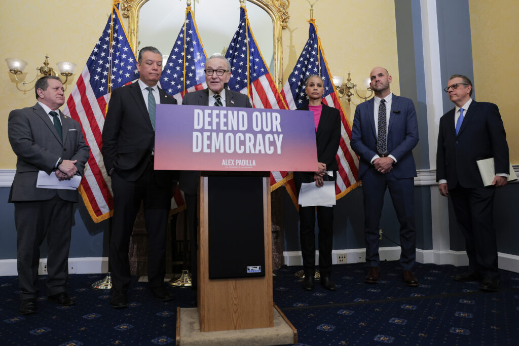 U.S. Senate Minority Leader Chuck Schumer (D-N.Y.) speaking during a press conference about the SAVE America Act in the U.S. Capitol on March 17, 2026.