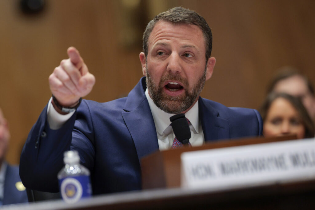 U.S. Sen. Markwayne Mullin (R-OKla.) testifying during a confirmation hearing to be the next secretary of the Department of Homeland Security on March 18, 2026 in Washington, D.C.