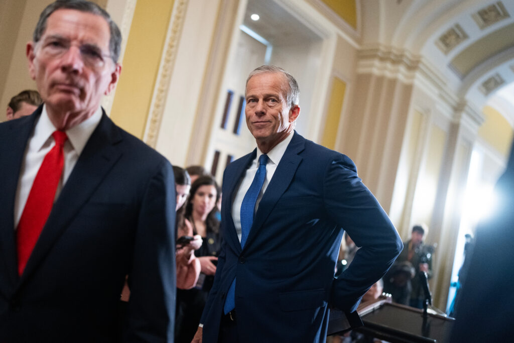 UNITED STATES - MARCH 17: Senate Majority Leader John Thune, R-S.D., and Senate Majority Whip John Barrasso, R-Wyo., left, conclude a news conference after the Senate luncheons in the U.S. Capitol on Tuesday, March 17, 2026. (Tom Williams/CQ Roll Call via AP Images)