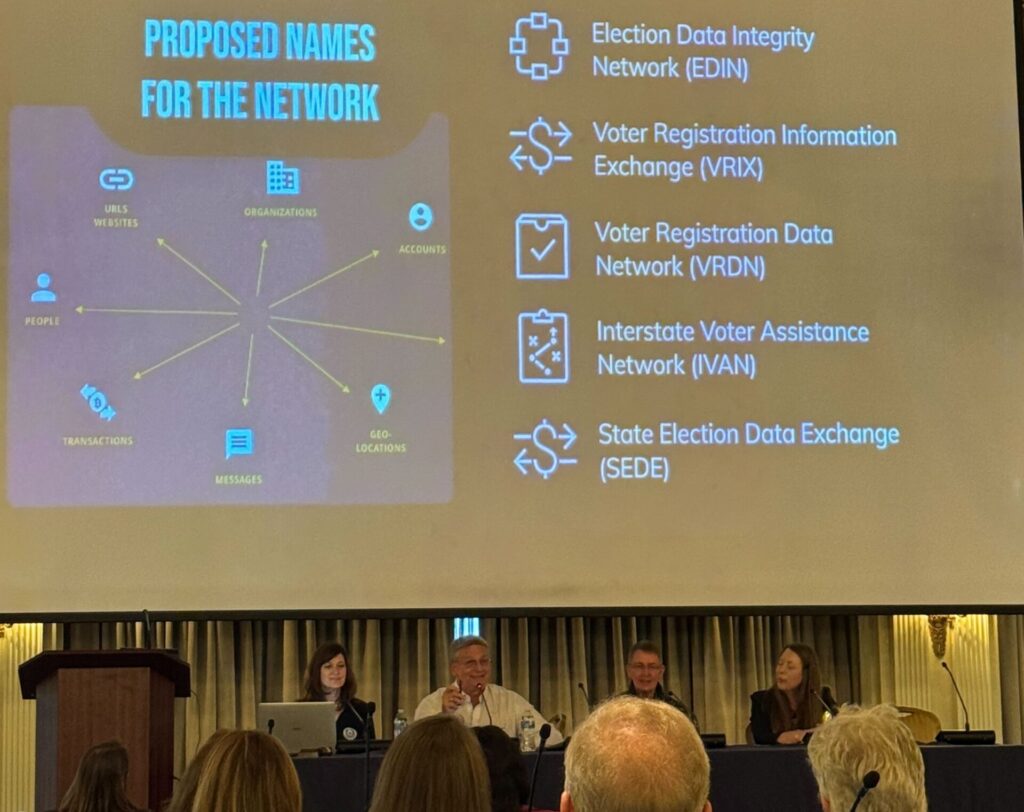 Members of the U.S. Election Assistance Commission's (EAC) Local Leadership Council presenting a framework for a proposed voter registration data-sharing network between states during a meeting in Chicago on April 14, 2026. (Photo: Jacob Knutson)