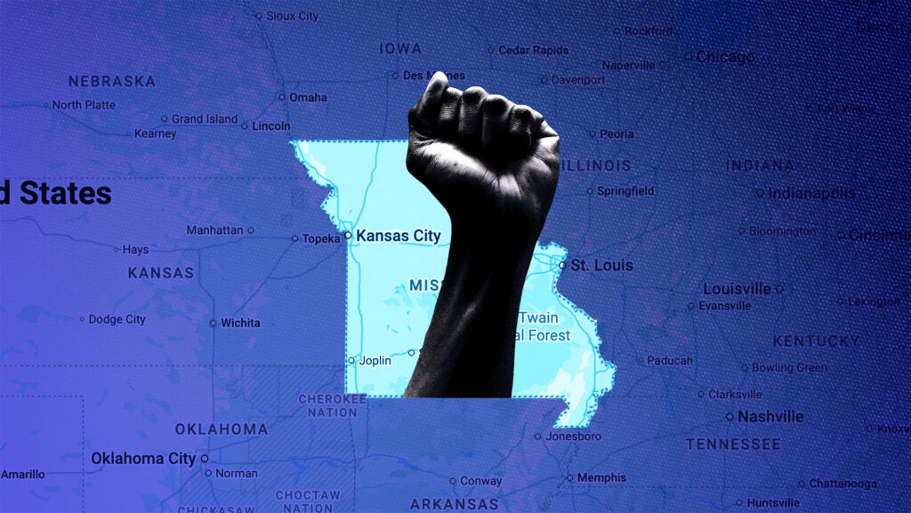 Missouri with fist and blue background