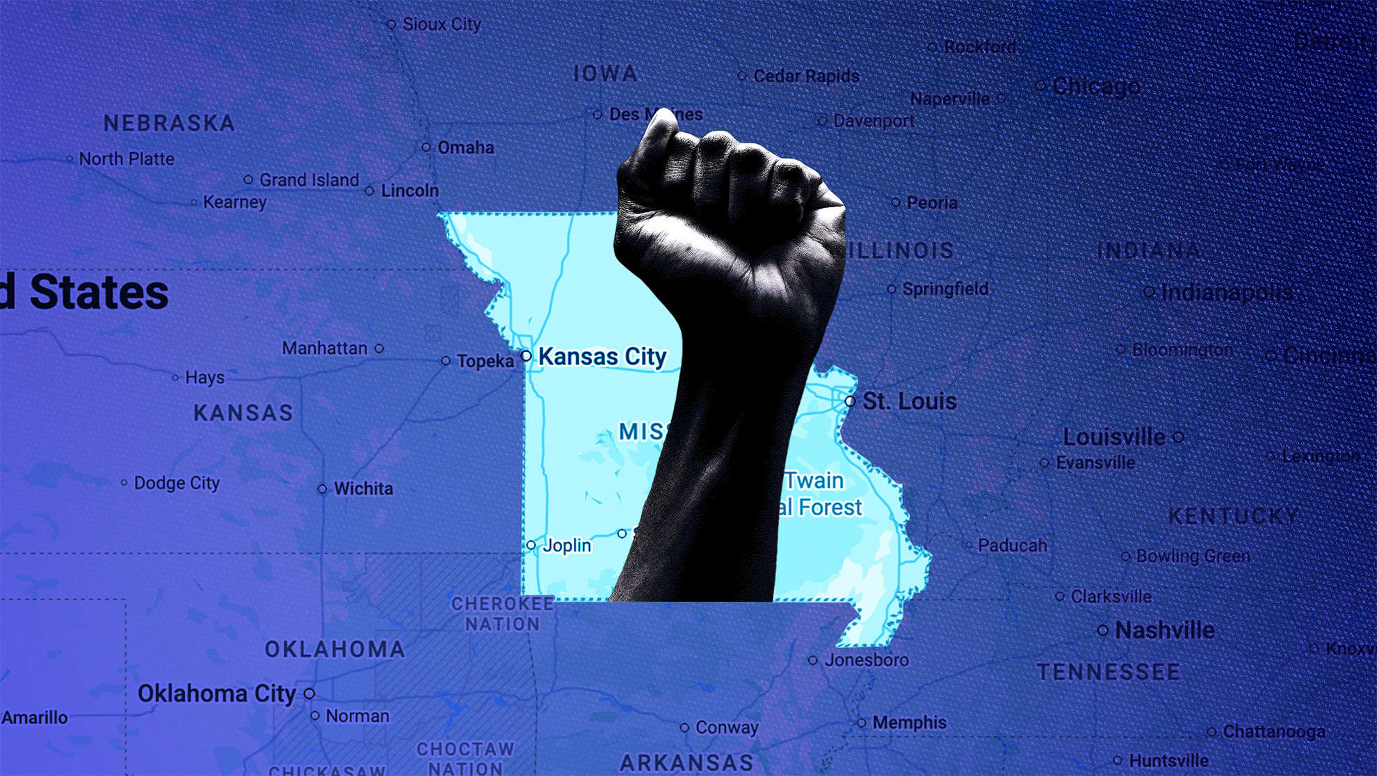 Missouri with fist and blue background