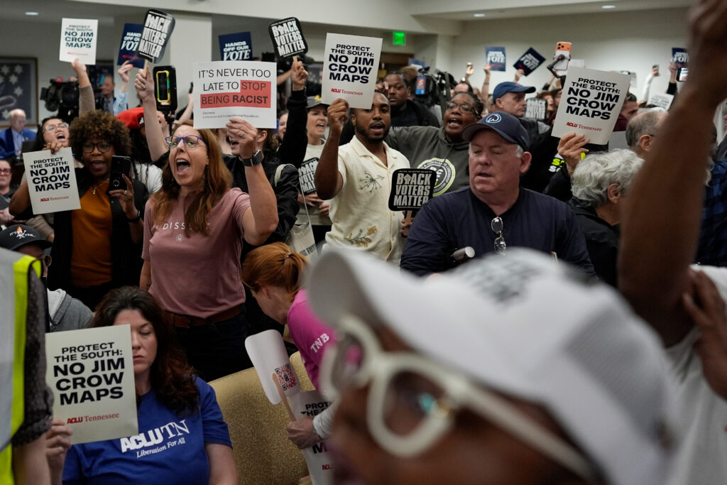 Protesters during a Tennessee Senate committee meeting in a special session of the state legislature to redraw U.S. congressional voting maps May 6, 2026, in Nashville. (AP: Photo/George Walker IV)