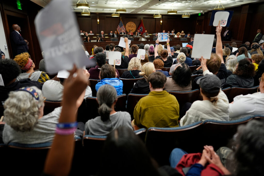 People raising signs in a House committee meeting to redraw the Tennessee's congressional voting maps on May 6, 2026, in Nashville. (Photo: George Walker IV/AP)