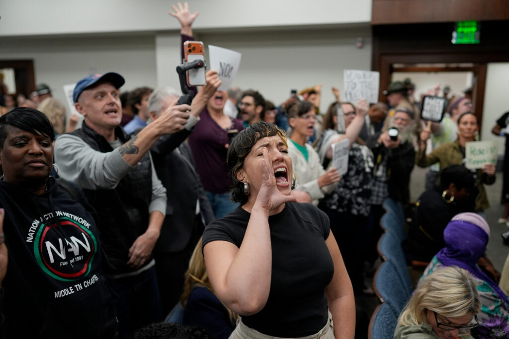 People protesting the Tennessee GOP's gerrymander during a House committee meeting on May 6, 2026, in Nashville. (Photo: George Walker IV/AP)
