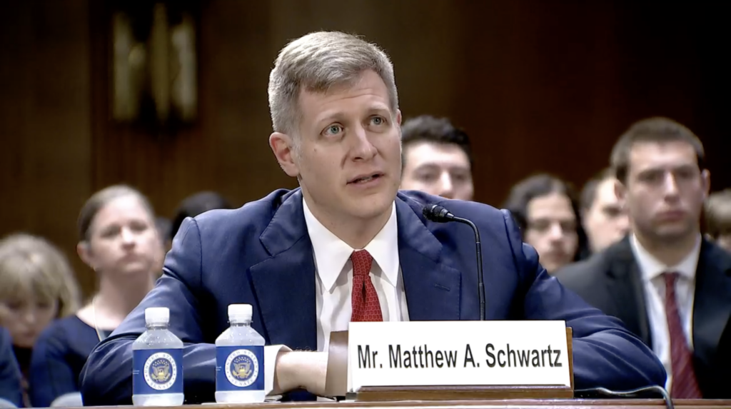 Matthew Schwartz, one of President Donald Trump's former criminal defense attorneys, speaking before the Senate Judiciary Committee on May 20, 2026, in Washington, D.C. (Screenshot: Senate Judiciary Committee)