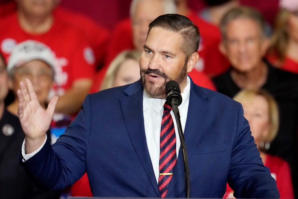 Justin Heap, then a candidate for Maricopa County Recorder speaking at a Trump campaign event in October 2024 in Peoria, Arizona. (Photo: Ross D. Franklin/AP File)