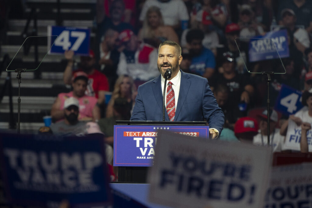 Justin Heap, then a candidate for Maricopa County Recorder, speaking during a Trump campaign rally in August 2024 in Glendale, Arizona. (Photo: Rebecca Noble/Getty Images)
