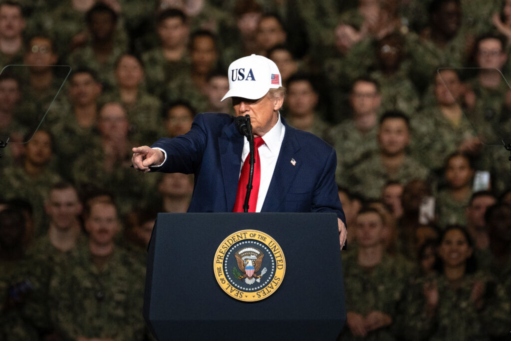 President Donald Trump speaking to U.S. Navy personnel on board the USS George Washington at a naval base in Yokosuka, Japan, in October 2025. (Photo: Philip Fong/AFP via Getty Images)
