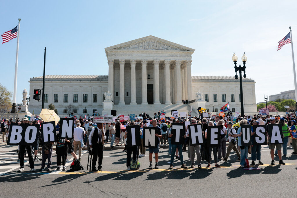 Demonstrators rally in support of birthright citizenship outside the U.S. Supreme Court in Washington, DC in April 2026. (Photo: Kent Nishimura/AFP via Getty Images)