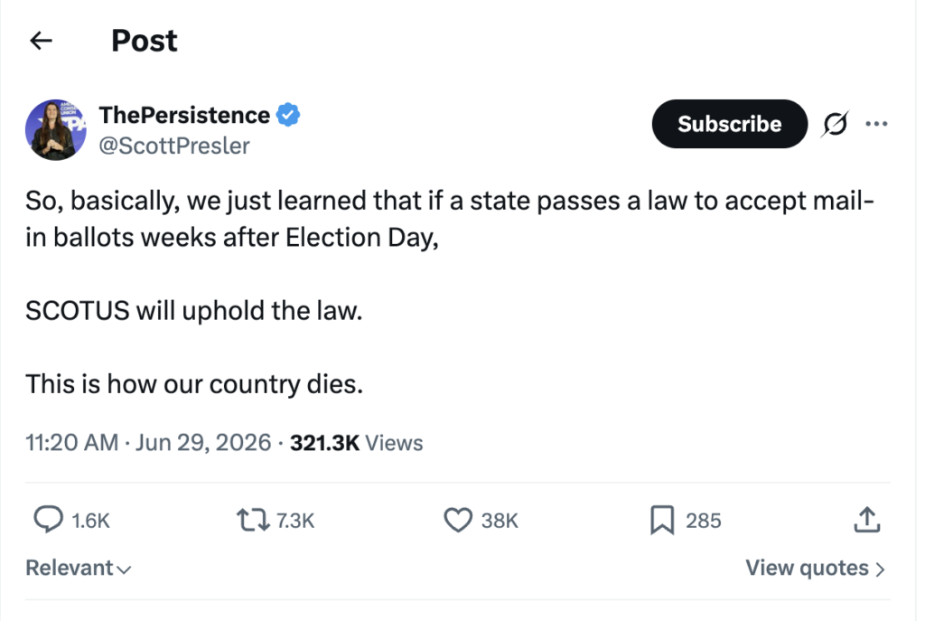 Right wing influencer Scott Presler posts on X shortly after Watson decision. "So, So, basically, we just learned that if a state passes a law to accept mail-in ballots weeks after Election Day, 
SCOTUS will uphold the law.
This is how our country dies."