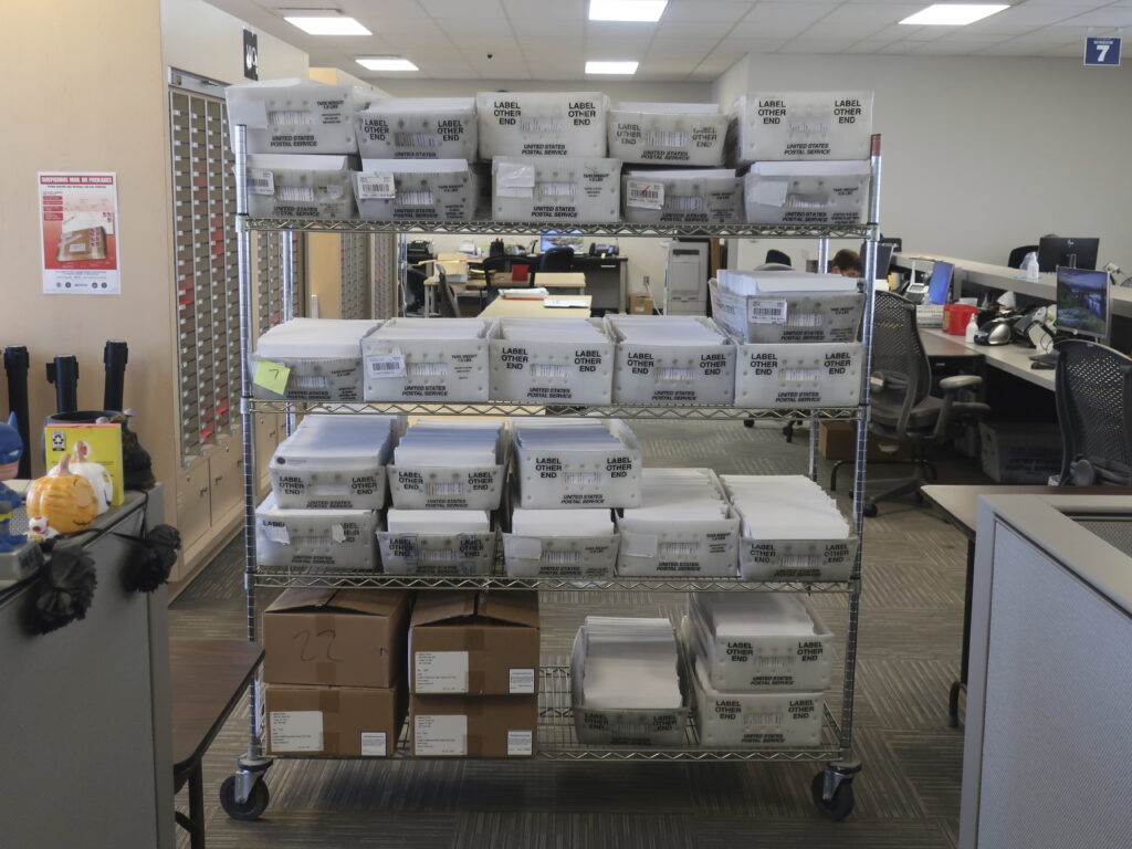Envelopes for mail ballot applications at the Shawnee County elections office in September 2024, in Topeka, Kansas. (Photo: John Hanna/AP)
