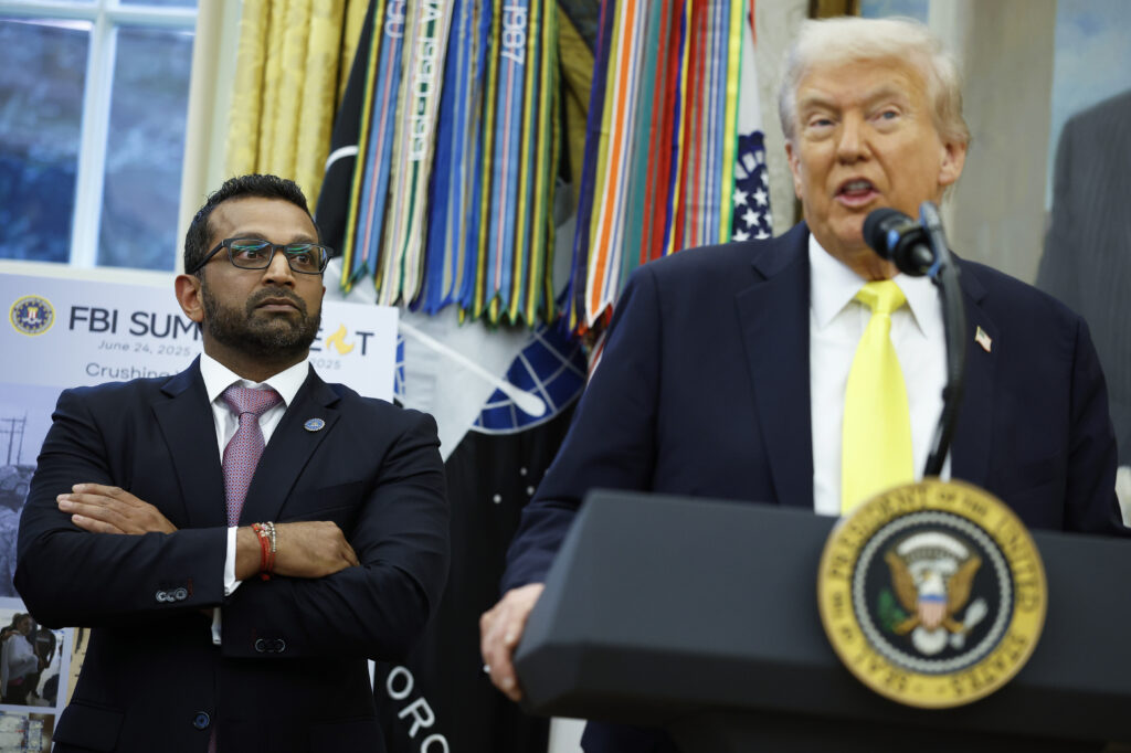 FBI Director Kash Patel looks on as President Trump speaks in the Oval Office in October 2025 in Washington, D.C. (Photo: Kevin Dietsch/Getty Images)