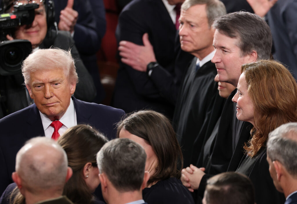 President Donald Trump walking past Supreme Court Chief Justice John Roberts, Associate Justices Elena Kagan, Brett Kavanaugh and Amy Coney Barrett at the U.S. Capitol in February 2026 in Washington, D.C. (Photo: Win McNamee/Getty Images)