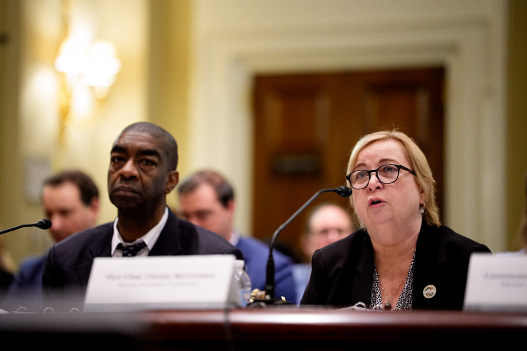 U.S. Election Assistance Commission Commissioners Thomas Hicks (D) and Christy McCormick (R) speaking before a House Subcommittee in May 2026 in Washington, D.C. (Photo: Andrew Harnik/Getty Images)