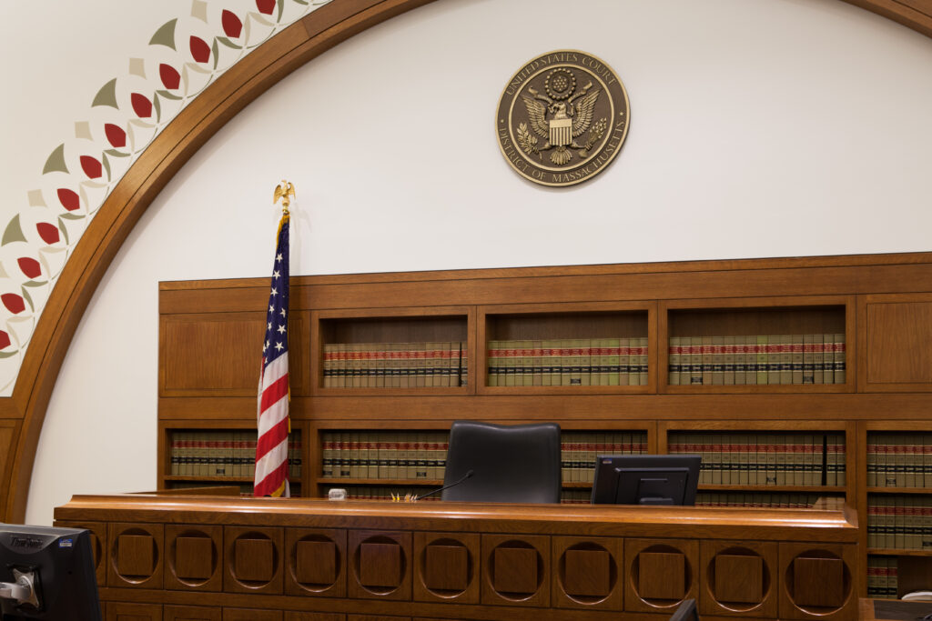 Courtroom No. 9 at the John J. Moakley Courthouse in Boston, Massachusetts. (Courtesy of the U.S. District Court for the District of Massachusetts)