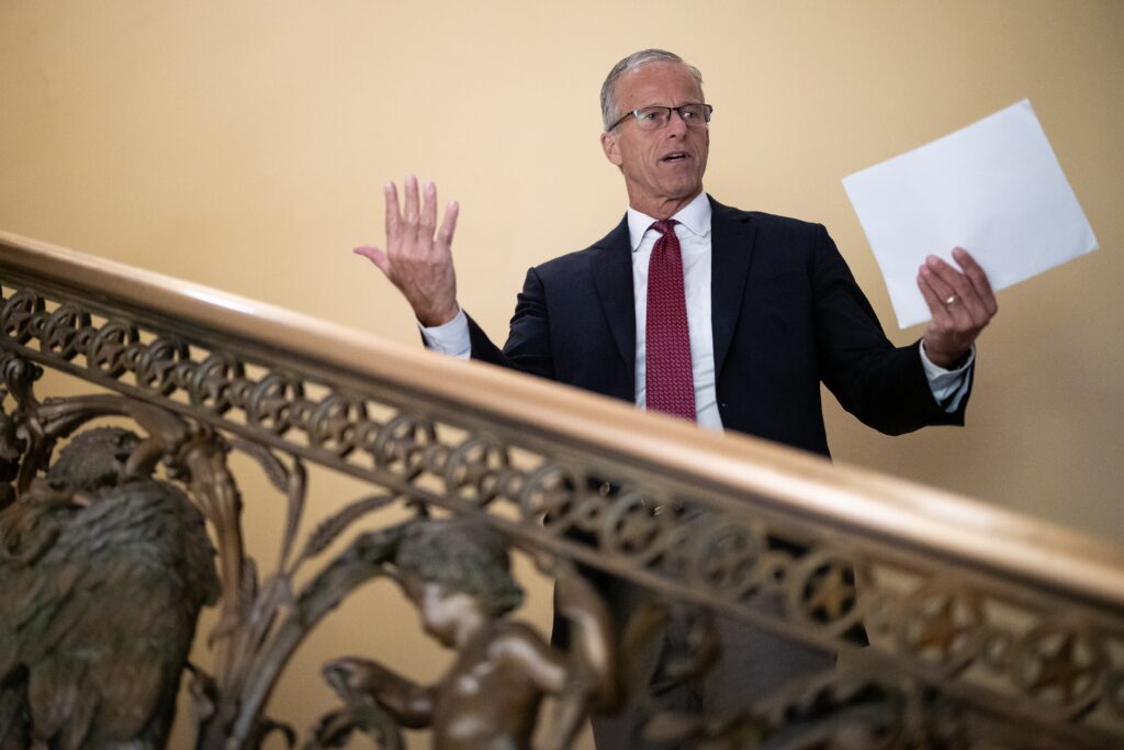 Senate Majority Leader John Thune (R-S.D.) speaks with reporters as he arrives at the U.S. Capitol on Sept. 28, 2026. (Francis Chung/POLITICO via AP Images)