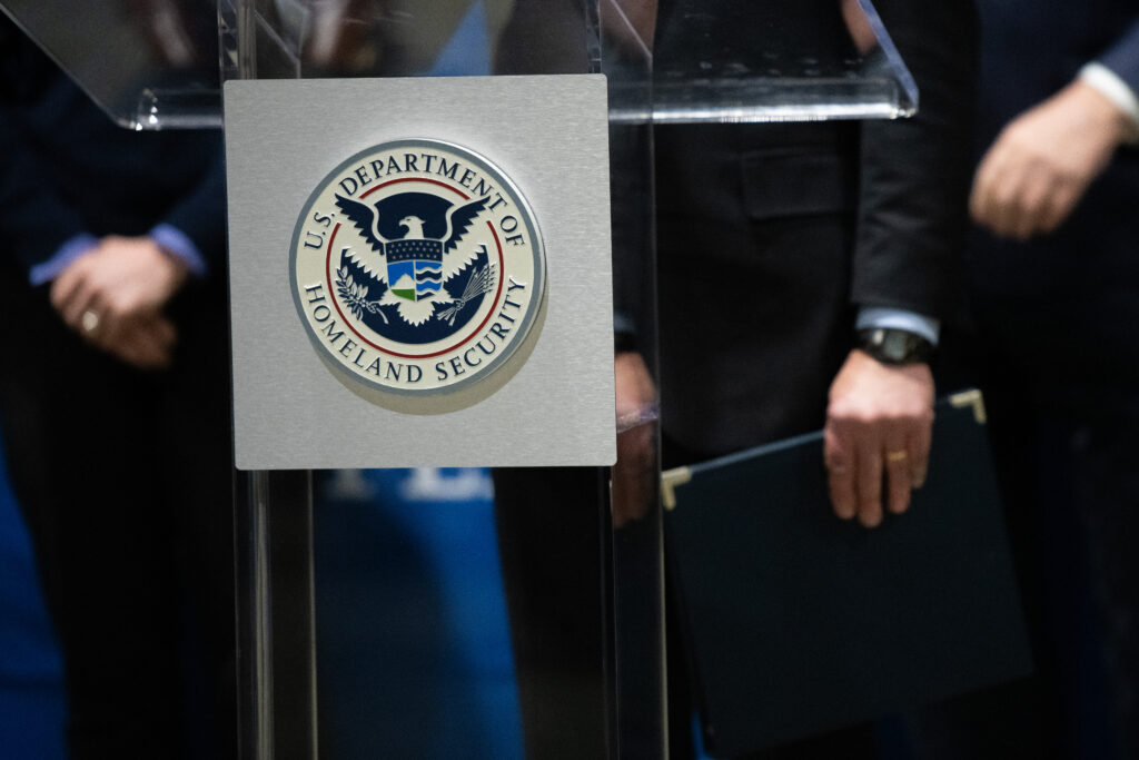 The Department of Homeland Security seal in March 2021 in Philadelphia. (Photo: Mark Makela/Getty Images)