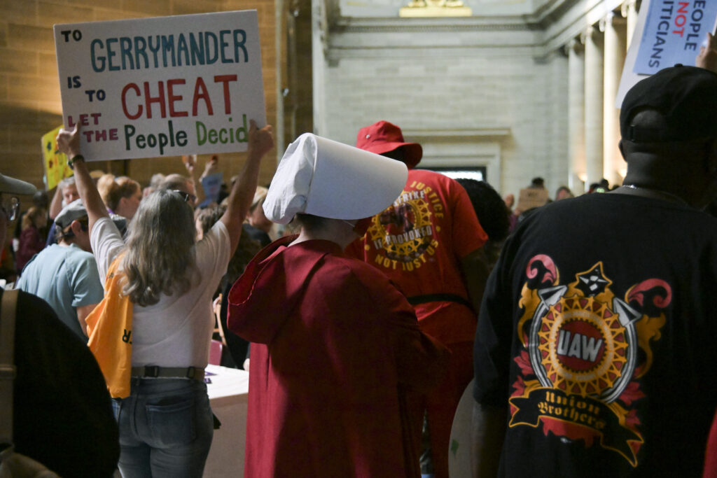 Anti-gerrymandering protesters demonstrate inside the rotunda of the Missouri Capitol Building on Sept. 10, 2025, in Jefferson City, Mo. (Photo by Michael Thomas/Getty Images)