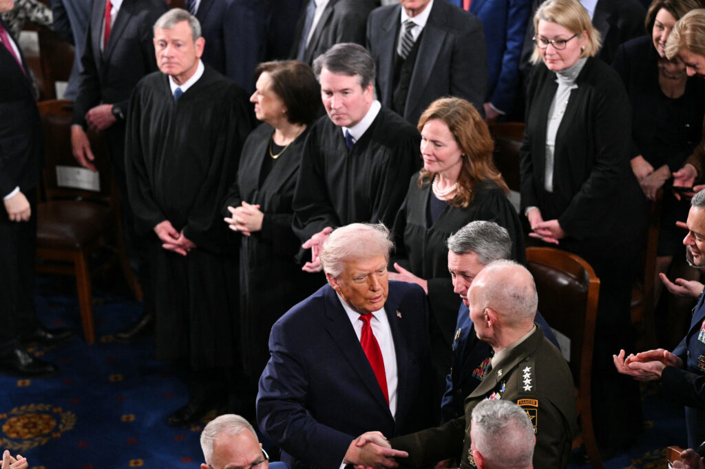 U.S. Supreme Court Chief Justice John Roberts and Justices Elena Kagan, Brett Kavanaugh and Amy Coney Barrett near President Trump in the House Chamber of the U.S. Capitol in Washington, D.C., in February 2026. (Photo: Mandel Ngan/AFP via Getty Images)