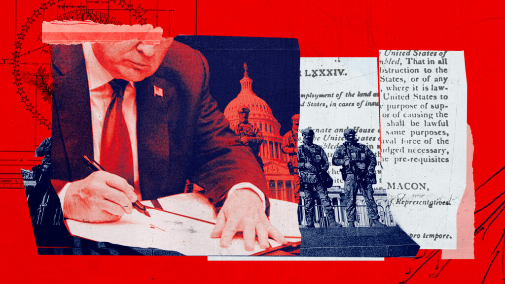 Collage graphic of Trump signing a document with national guards in the background