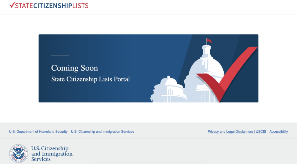 DHS's "State Citizenship Lists Portal" webpage as seen on on Sept. 1, 2026. (Screenshot)