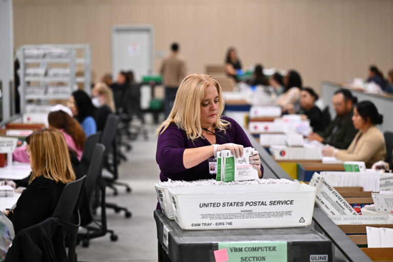 A worker sorts ballots at the L.A. County Ballot Processing Center during the California primary election, June 2, 2026, in City of Industry, Calif