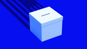 Ballot box on blue background with a shadow that looks like an American flag