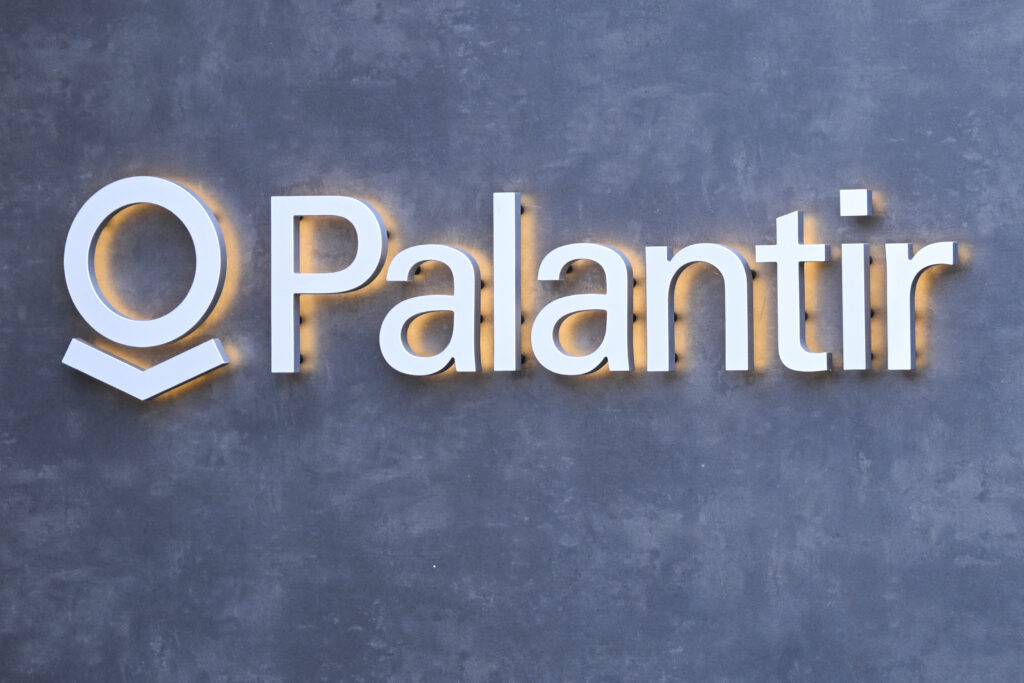 The logo of big data analytics software company Palantir Technologies in Davos, Switzerland in January 2026. (Photo: Ina Fassbender/AFP via Getty Images).